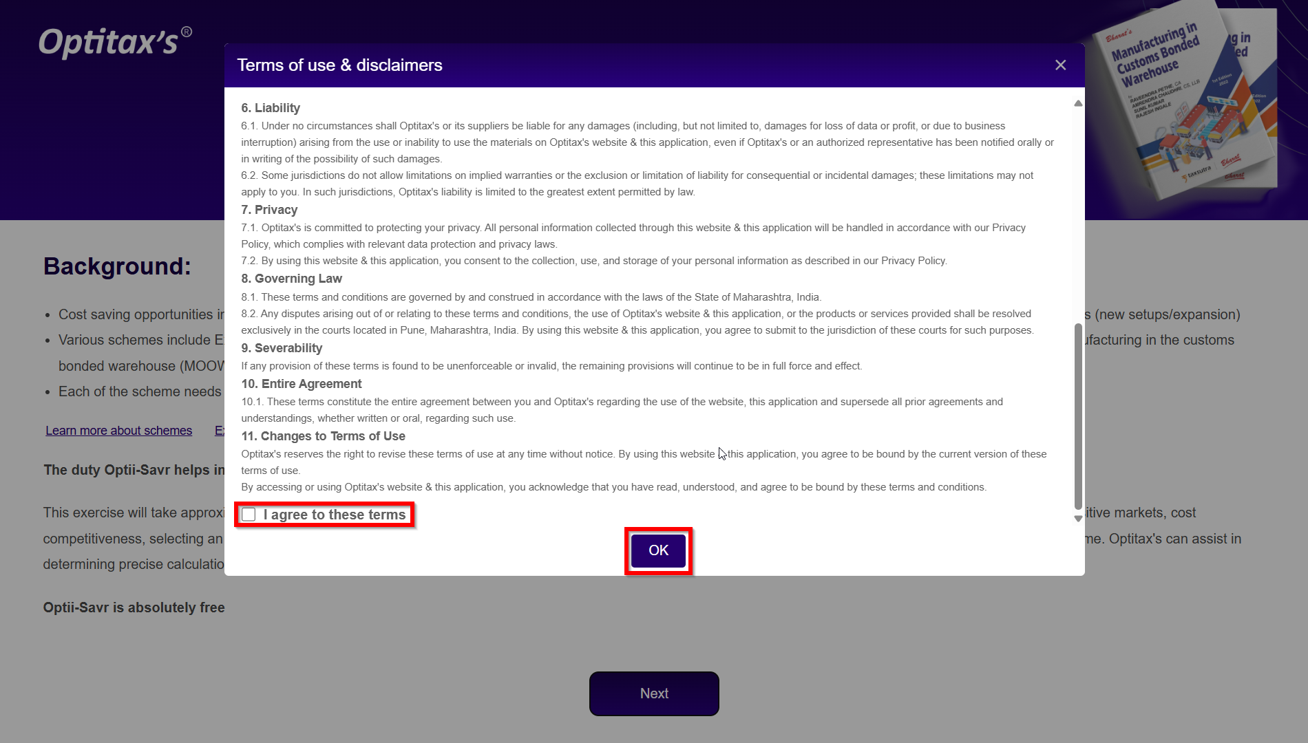 Terms and Conditions Page Screenshot